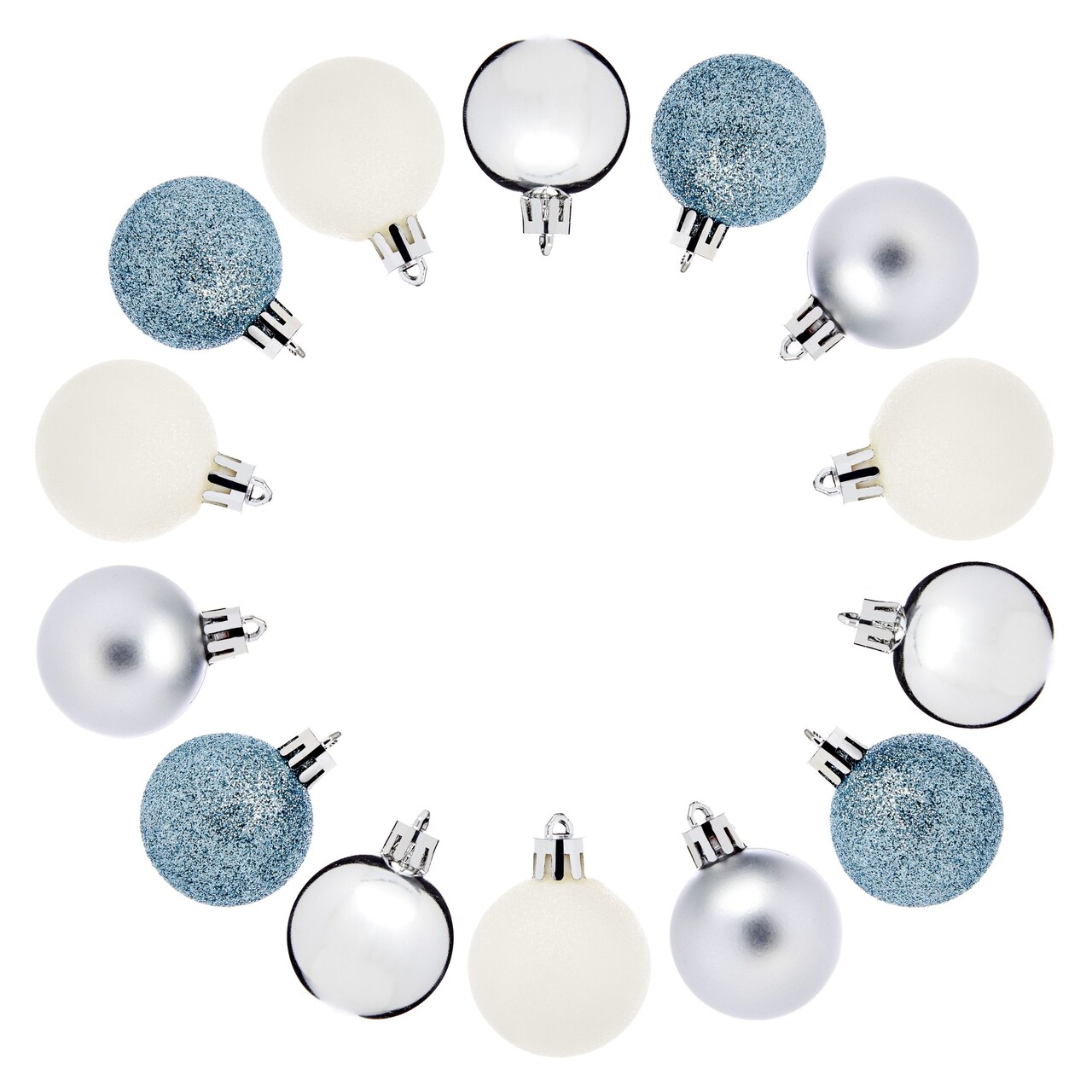 48 Pack Mini Ball Ornaments for Small Christmas Tree, Blue, White, Silver Shatterproof Decorations (1.5 In)